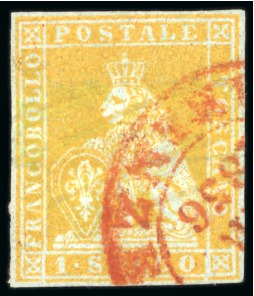 Stamp of Italian States » Tuscany 1851-52 1s yellow-bistre on blue, clear margins all around, neatly cancelled by red Firenze cds