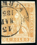 Stamp of Italian States » Tuscany 1851-52 1s ochre on blue, good to large margins, neatly cancelled by Firenze cds