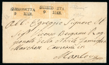 Stamp of Austria » Lombardy Venetia 1850-54 5c yellow-ochre, vertical strip of three on cover