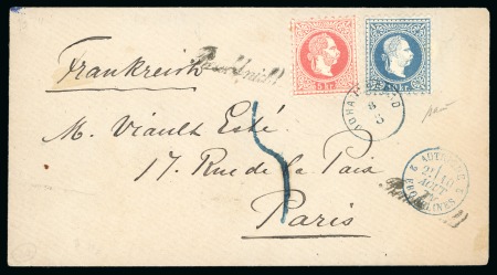 Stamp of Austria » 1867 Issue 1874 (Aug 3) Envelope from Johannesbad to France with 1867 5k and 10k tied by neat single Johannesbad thimble cds