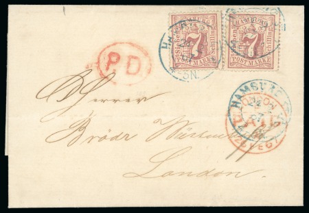 Stamp of German States » Hamburg 1867  (Feb 21) Wrapper from Hamburg to England with two 1865 7s tied by blue Hamburg cds 