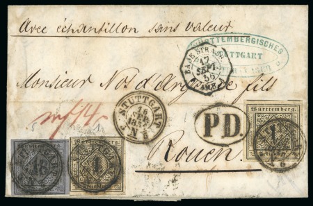 Stamp of German States » Wurttemberg 1856 Entire to France endorsed "avec échantillon sans valeur" (sample mail), with 1851 1kr and 18kr 