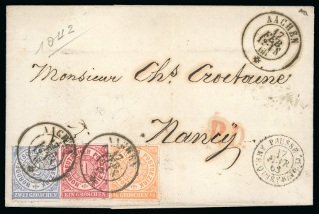Stamp of German States » Wurttemberg 1868 (Feb 17) Wrapper from Aachen to France with 1868 1/2gr, 1gr and 2gr at lower left tied by Aachen double circle ds