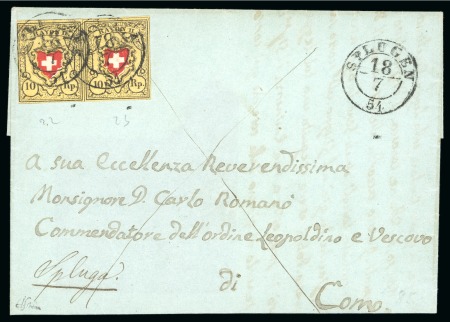 Stamp of Switzerland / Schweiz Rayon II 10 Rp Paar nur links oben minimal berührt sonst breitrandig und tadellos, gestempelt “SPLUGEN 18.7.1854”