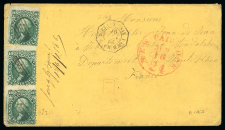 Stamp of United States 1866 (Jun 15) Envelope from "Long Grand" with three 1861-62 10c cancelled by pen crosses with ms despatch notation alongside