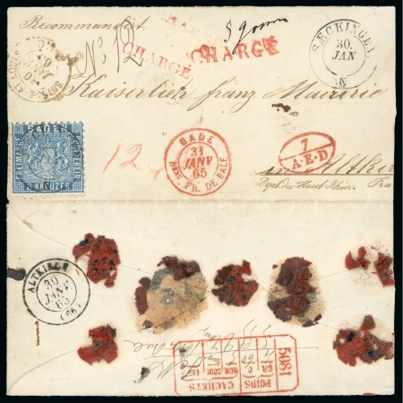 Stamp of Switzerland / Schweiz » Französisches Büro in Basel Baden 1862-66 9 Kr (Michel 19) auf Wertbrief, nur zwei Briefe mit diesen Chargé-Stempel von Basel bekannt