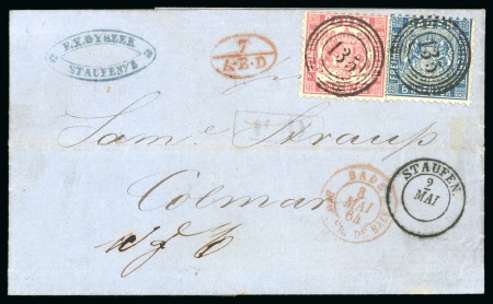 Stamp of German States » Baden 1862-63 6kr and 3kr on cover to Colmar via the French P.O. at Basel