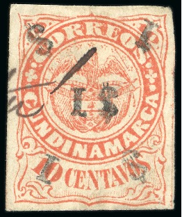 Stamp of Colombia » States - Cundinamarca 1884 Provisional "$1" surcharges hand-stamped on 10c red