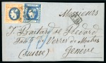 Stamp of Romania 1869 10b and 25b on cover front with one back flap addressed to Geneva