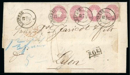 Stamp of German States » Saxony 1863 1ngr lilac-red, two singles and one pair, on rare underpaid cover to France