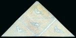 Stamp of South Africa » Cape of Good Hope 1853 1d Brick-Red on blued paper in triangular block of four, one stamp just cut into at foot, neat triangular cancels