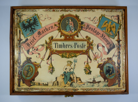 Stamp of Large Lots and Collections THE EARLIEST RECORDED PHILATELIC GAME: 1868ca. Memory game of 70 wooden pieces featuring reproductions of stamps