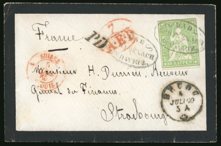 Stamp of Switzerland / Schweiz » Französisches Büro in Basel "Bureau Français à Bâle". 1855, 40 Rp. grünlicholiv, auf Brief von Bad Schinznach nach Strasborug