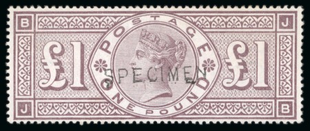 Stamp of Great Britain » 1855-1900 Surface Printed » 1883-84 & 1888 High Values 1888 Wmk Three Orbs £1 brown-lilac JB with "SPECIMEN" type 11 overprint