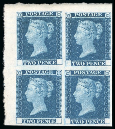 Stamp of Great Britain » Line Engraved Essays, Plate Proofs, Colour Trials and Reprints 1841 2d Blue trial without corner letters in top left corner marginal block of four,