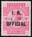 Stamp of Great Britain » Officials Inland Revenue: 1890 5s Rose I. R. Official, white paper, overprinted "SPECIMEN" type 11