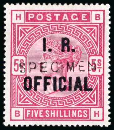 Stamp of Great Britain » Officials Inland Revenue: 1890 5s Rose I. R. Official, white paper, overprinted "SPECIMEN" type 11