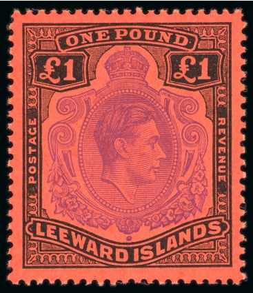 Stamp of Leeward Islands 1938-51 £1 violet and black on scarlet, perf 13, mint n.h. with watermark inverted variety