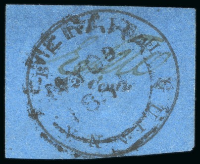Stamp of British Guiana » 1850 Cotton-Reels (SG 1-8) 1850-51, 12 cents black on blue, Townsend Type B, with initials of postal clerk Wight "EDW",