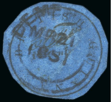 Stamp of British Guiana » 1850 Cotton-Reels (SG 1-8) 1850-51 12 cents black on blue, Townsend Type B, "EDW", cut round 