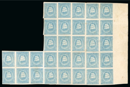 Stamp of British Guiana » 1853 Waterlow Lithographs (SG 11-21) 1853-55 Waterlow lithographed 4 cents pale blue, the remarkable unused block of 31
