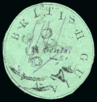 Stamp of British Guiana » 1850 Cotton-Reels (SG 1-8) 1850-51 8 cents black on blue-green, Townsend Type C, faint initials "JBS", thin frame