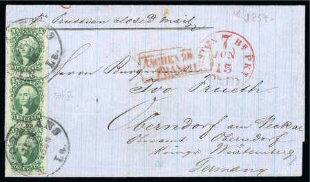 Stamp of United States » Outgoing Mail 1859, June 4. Cover from New Orleans to Germany, 1859 10c green, type V in vertical strip of three