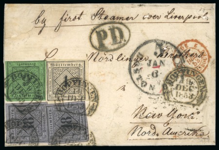 Stamp of United States » Incoming Mail German States - Württemberg. 1853 (Dec 19). Cover from Bopfingen to New York, bearing 1851 1kr, 9kr and two examples of 18kr