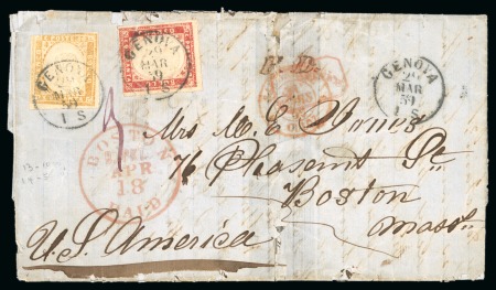 Stamp of United States » Incoming Mail Italian States - Sardinia. 1859 (March 23). Entire letter from Genoa to Boston with 1859 40c and 1858 80c