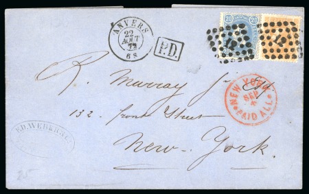 Stamp of United States » Incoming Mail Belgium. 1872 (Aug 12). Cover from Antwerp to New York, 1869-80 20c and 30c 