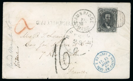 Stamp of United States » Outgoing Mail 1868 (Feb). Single rate envelope from Cambridge to Paris, bearing 1866 15c