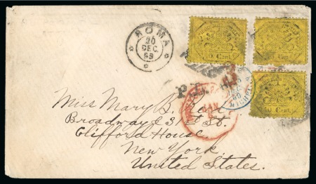 Stamp of United States » Incoming Mail Italian States - Papal States. 1869 (Dec 20). Envelope from Rome to New York franked by three examples of 1868 40c