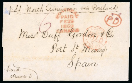Stamp of Canada » Outgoing Mail 1869 (Feb 26). Stampless entire letter from Montreal to Spain via Portland