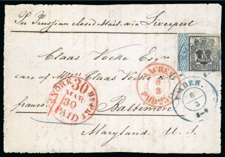 Stamp of United States » Incoming Mail German States - Hanover. 1858 (March 6). Cover front from Emden to Baltimore, with marginal 1856-57 1/15th or 2sgr