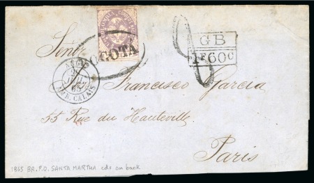 Stamp of Colombia 1865 (Jun) Large part cover from Bogota to France, with 1865 10c violet tied by oval "BOGOTA" hs