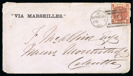 Stamp of Great Britain » 1854-1900 Postal History of the Perforated Line Engraved and Surface Printed Issues 1868 (Feb 8) Envelope from Scotland to India with 1867-80 wmk Spray 10d deep red-brown pl.1