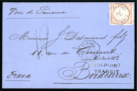 Stamp of Peru 1867 (April 22). Cover from Callao to France, with 1862-63 1 dinero red, tied French maritime "PANAMA / PAQ. FR. A No3" octagonal ds