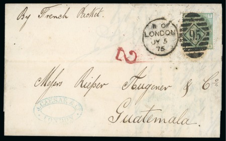 Stamp of Guatemala » Incoming Mail Great Britain. 1875 (Jul 5). Entire from London to Guatemala, with 1873-80 1s pl.11 tied by London "95" duplex