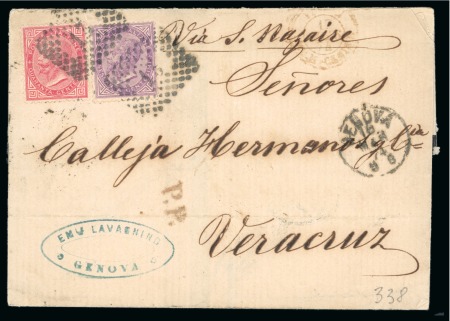 Stamp of Mexico » Incoming Mail Italy. 1874 (Mar 16). Mourning wrapper from Genoa to Veracruz, with 1863 Torino Printing 40c and 60c
