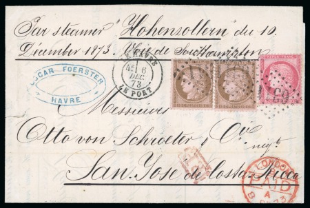 Stamp of Costa Rica » Incoming Mail France. 1873 (Dec 6). Lettersheet from Le Havre to San Jose, with two 1872 10c and a 1873 80c