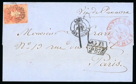 Stamp of Chile 1865 (Jan 16). Wrapper from Santiago to Paris, France, with 1856-62 Santiago Printing 5c vermilion