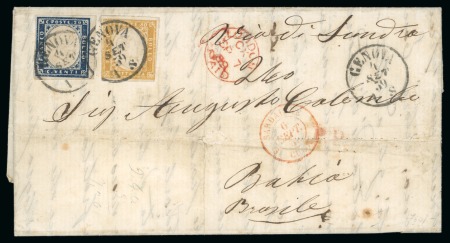 Stamp of Brazil » Incoming Mail Italian States - Sardinia. 1857 (Jan 27). Wrapper from Genoa to Bahia, with 1855-63 20c indigo and 80c ochre orange