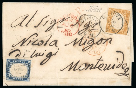 Stamp of Uruguay » Incoming Mail Italian States - Sardinia. 1858 (Aug 3) Wrapper from Genoa to Montevideo, with 1858 80c ochre orange and 1855 20c