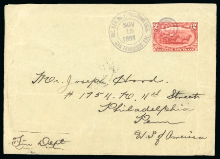 Stamp of United States » U.S. Possessions » Philippines » Military Mail and Stations 1898 (Nov 15). Cover from Manila to Philadelphia, bearing Trans-Mississippi 2c tied by Baker D-2