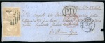 Stamp of Spain 1865 Front of Valentine envelope with embossed surround, sent from Barcelona to Buenos Aires