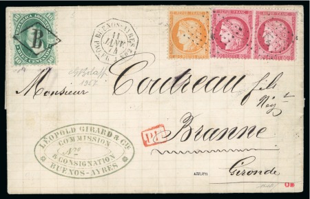 Stamp of Argentina 1874 (Jan 11). Entire from Buenos Aires to Branne, France, with 1867-68 10c and France 40c and 80c pair