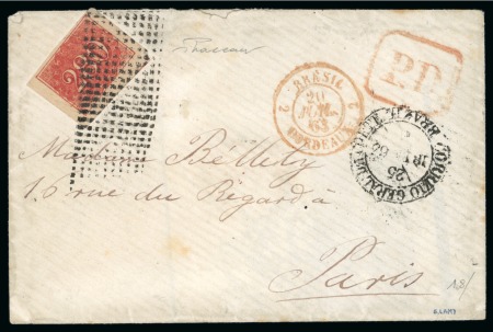 Stamp of Brazil 1863 (Jun 25). Envelope from Rio de Janeiro to Paris, France, with 1861 280r