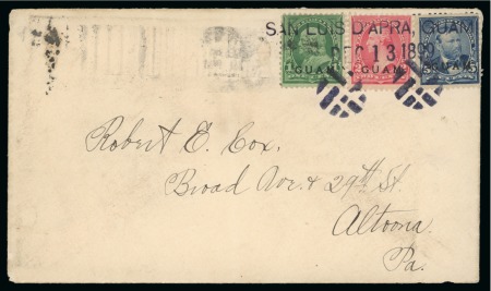 Stamp of United States » U.S. Possessions » Guam 1899 (Dec 13). Envelope from San Luis D'Apra to Pennsylvania, with 1899 1c, 2c and 5c, tied by blue rubber straight-lines and cork killers