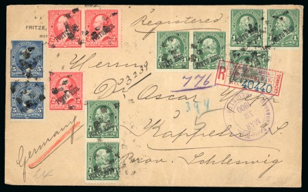 Stamp of United States » U.S. Possessions » Puerto Rico (US) » U.S. Administration - Regular Issues 1900 (March 12). Registered envelope to Germany, franked by 1899 1c single and three pairs, 2c single and pair, 5c vertical pair