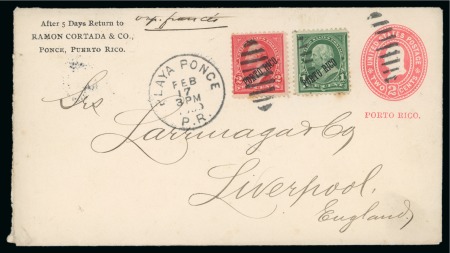 Stamp of United States » U.S. Possessions » Puerto Rico (US) » U.S. Administration - Regular Issues 1900 (Feb 17). Puerto Rico 2c stationery envelope to Liverpool, uprated with 1899 1c & 2c